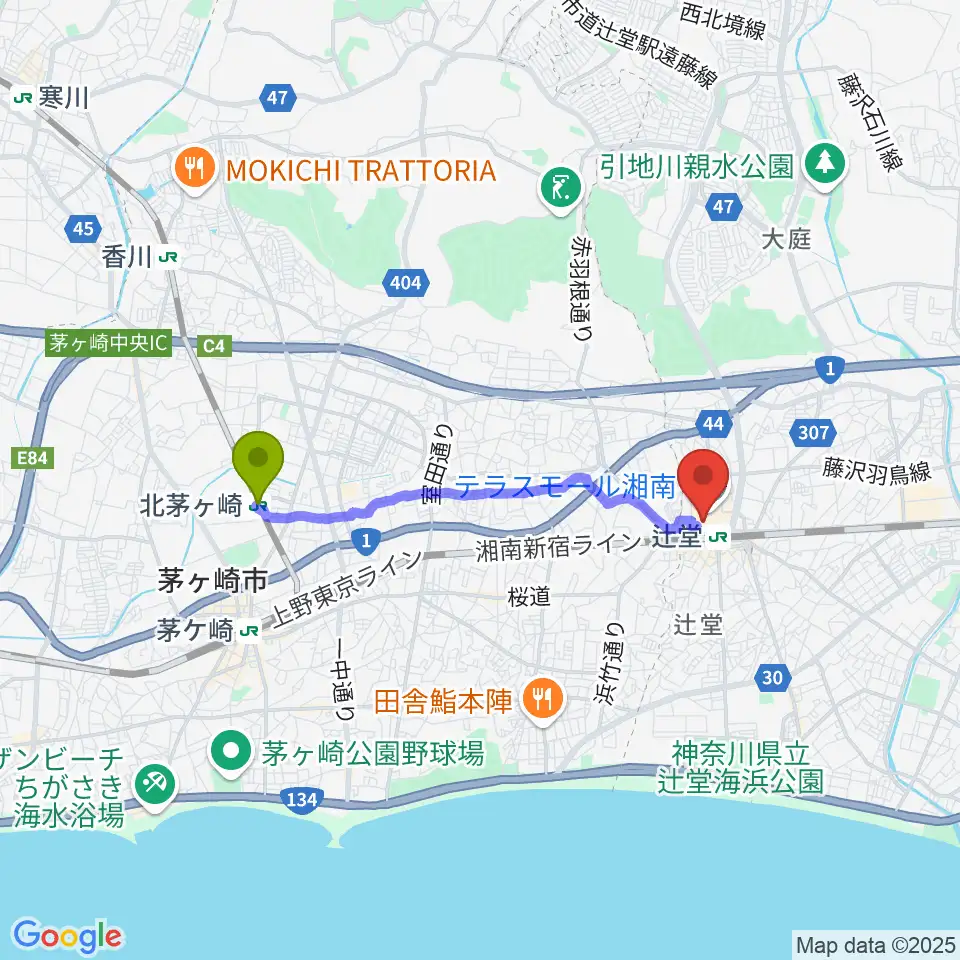 北茅ケ崎駅から山野楽器 辻堂店へのルートマップ地図