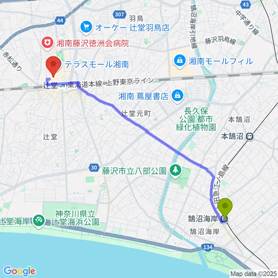 鵠沼海岸駅から山野楽器 辻堂店へのルートマップ地図