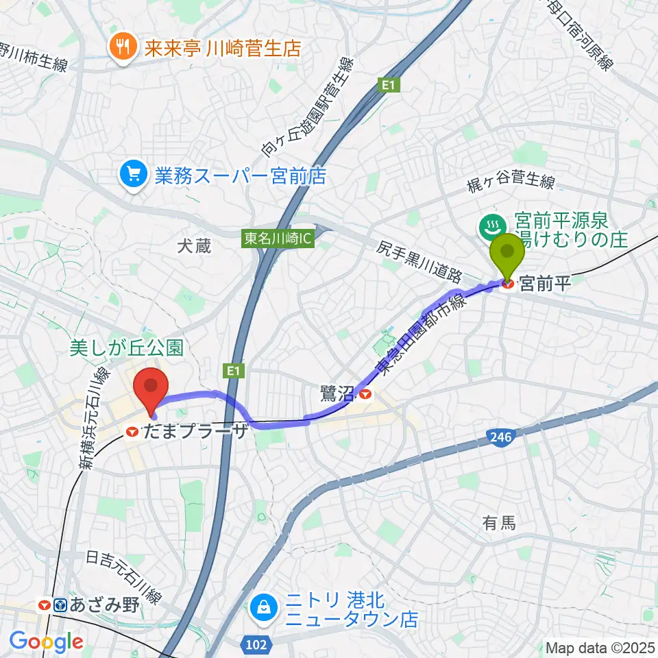 宮前平駅から山野楽器 たまプラーザ テラス店へのルートマップ地図
