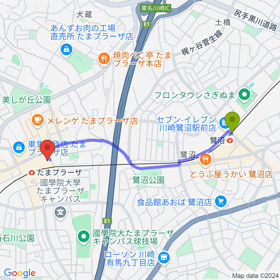 鷺沼駅から山野楽器 たまプラーザ テラス店へのルートマップ地図