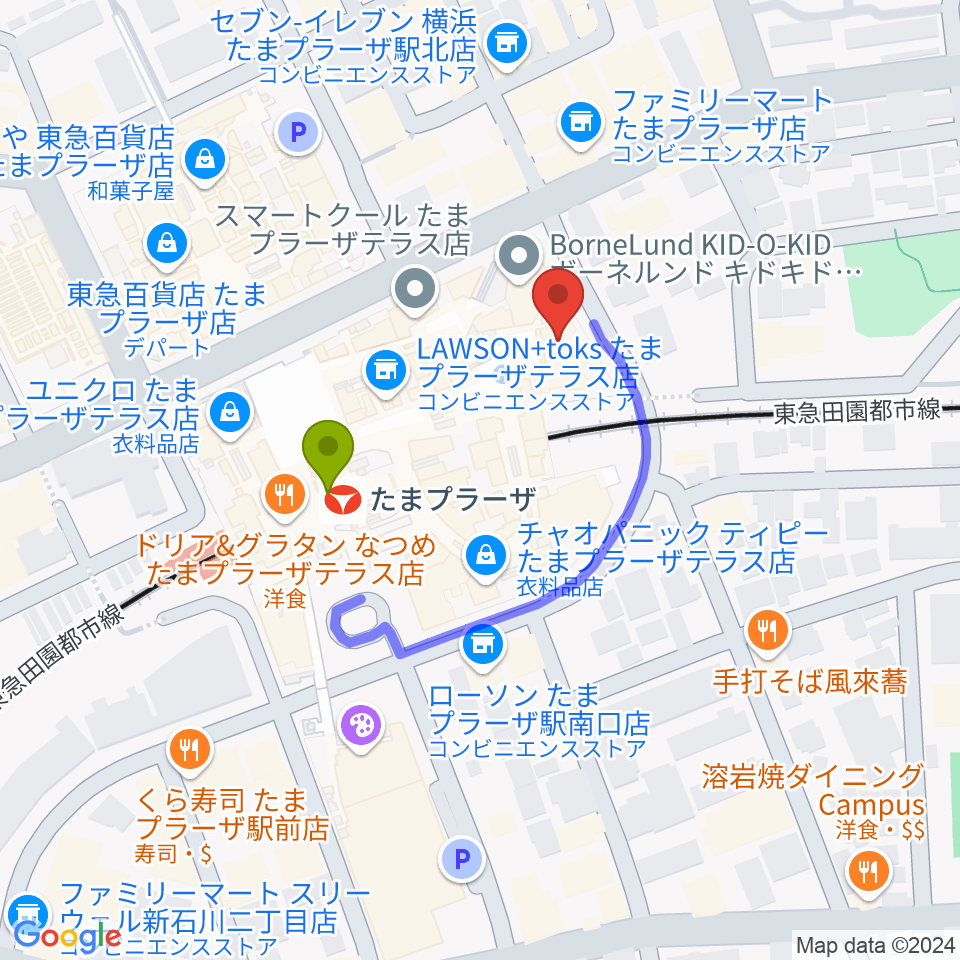 山野楽器 たまプラーザ テラス店の最寄駅たまプラーザ駅からの徒歩ルート（約2分）地図