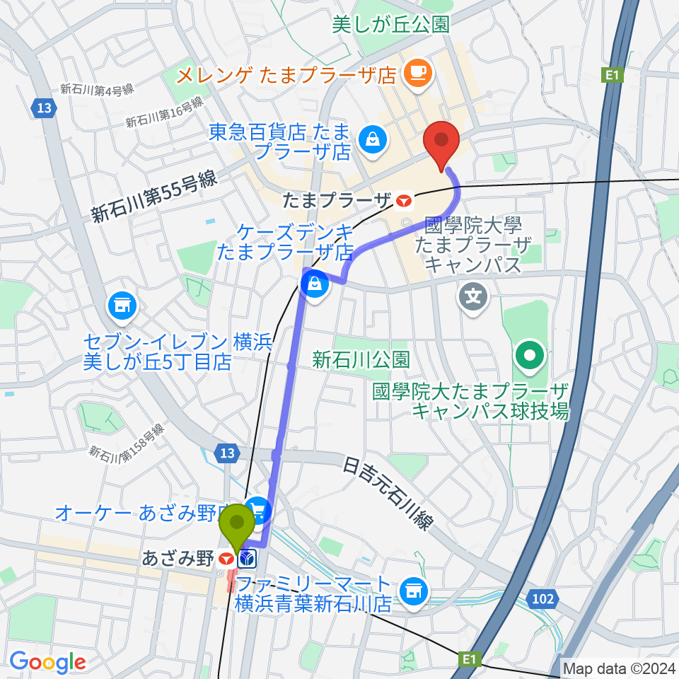 あざみ野駅から山野楽器 たまプラーザ テラス店へのルートマップ地図