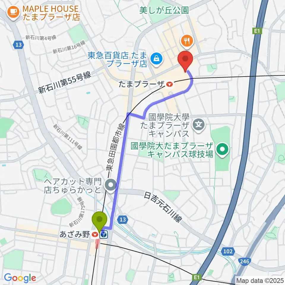 あざみ野駅から山野楽器 たまプラーザ テラス店へのルートマップ地図