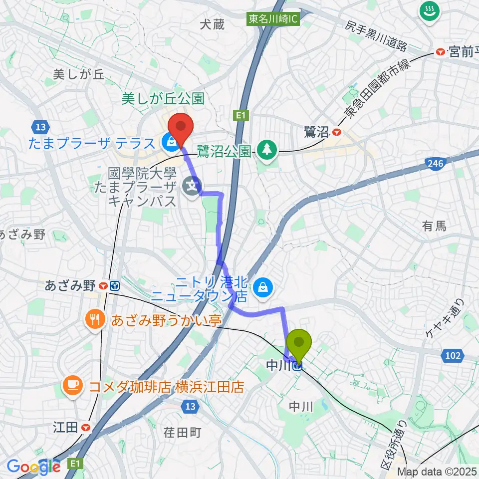 中川駅から山野楽器 たまプラーザ テラス店へのルートマップ地図