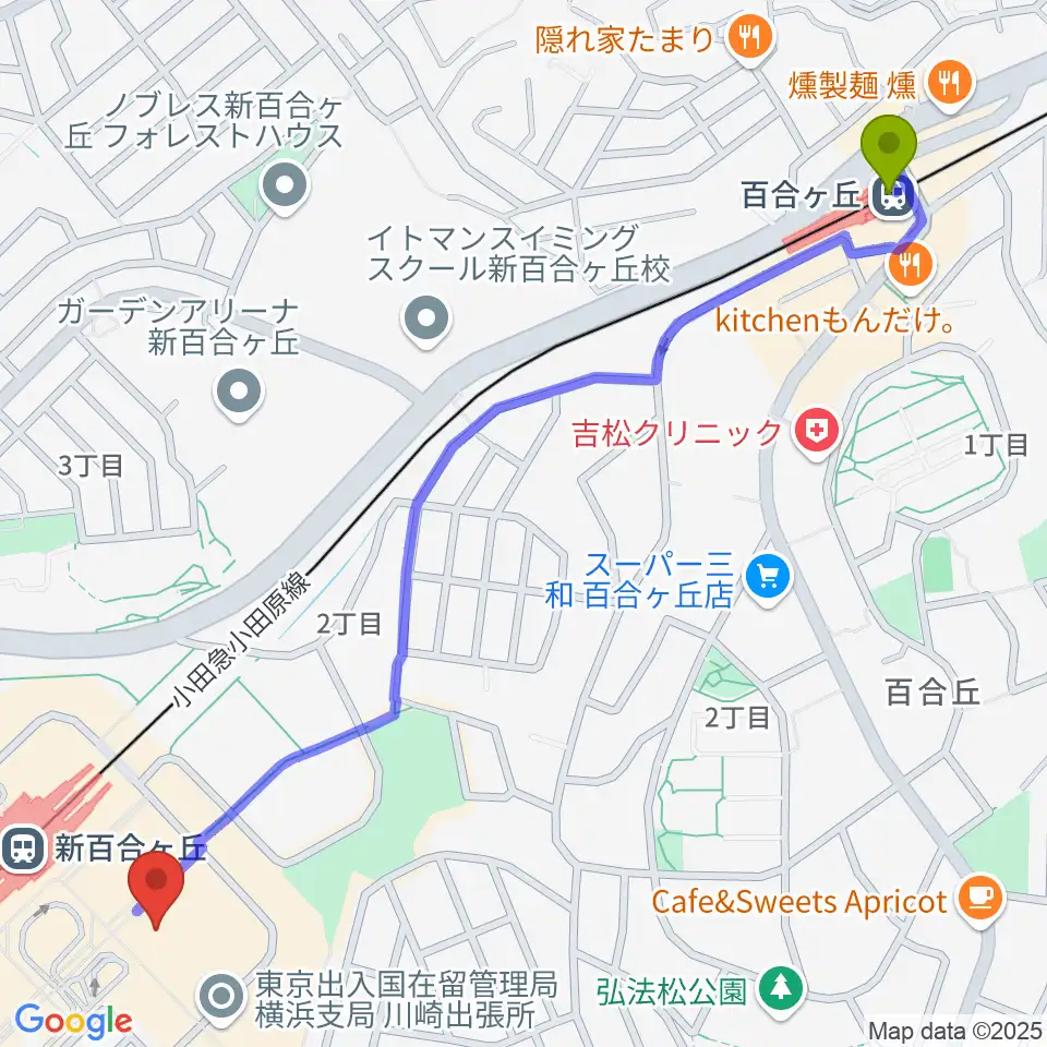 百合ヶ丘駅から山野楽器 新百合ヶ丘エルミロード店へのルートマップ地図