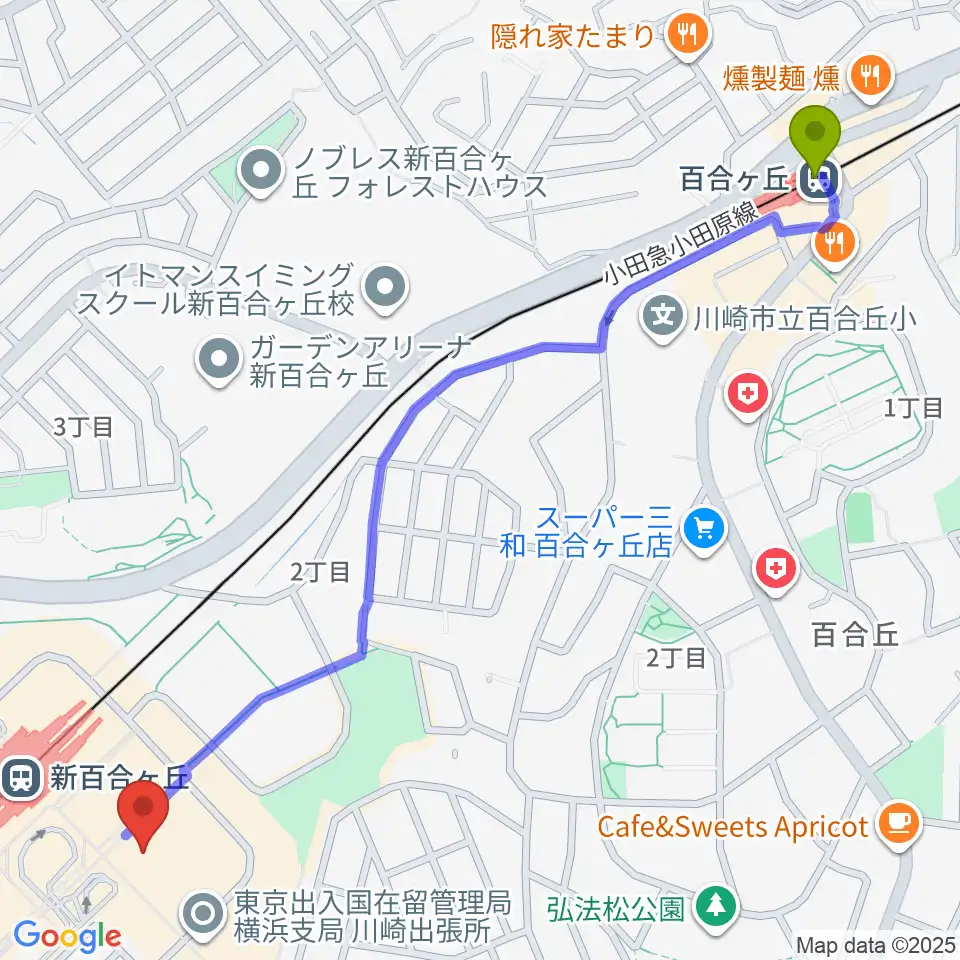 百合ヶ丘駅から山野楽器 新百合ヶ丘エルミロード店へのルートマップ地図