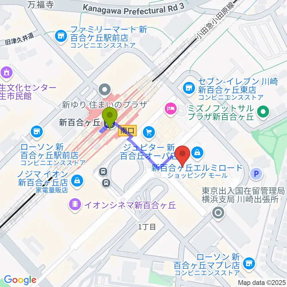 山野楽器 新百合ヶ丘エルミロード店の最寄駅新百合ヶ丘駅からの徒歩ルート（約2分）地図