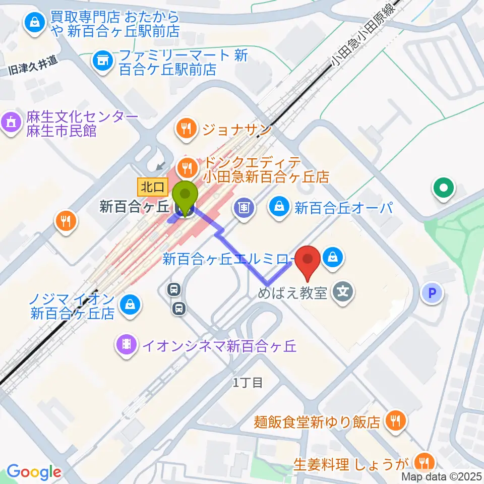 山野楽器 新百合ヶ丘エルミロード店の最寄駅新百合ヶ丘駅からの徒歩ルート（約2分）地図