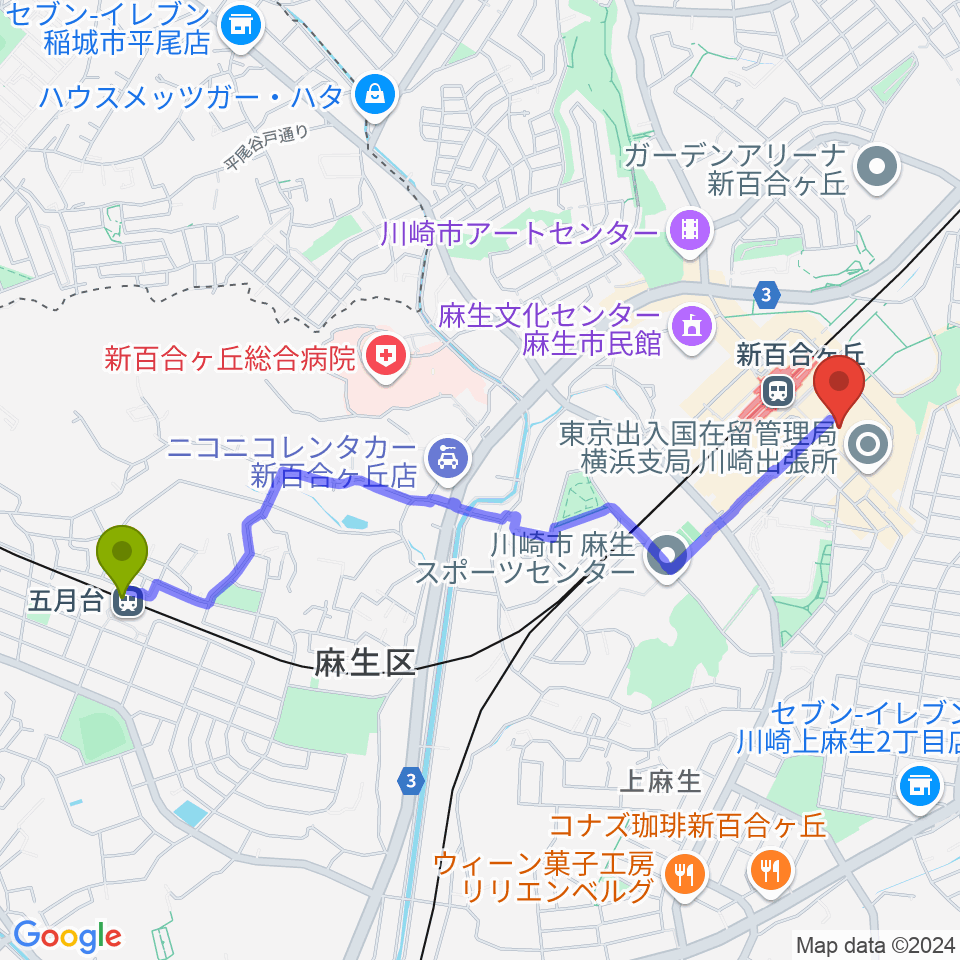 五月台駅から山野楽器 新百合ヶ丘エルミロード店へのルートマップ地図