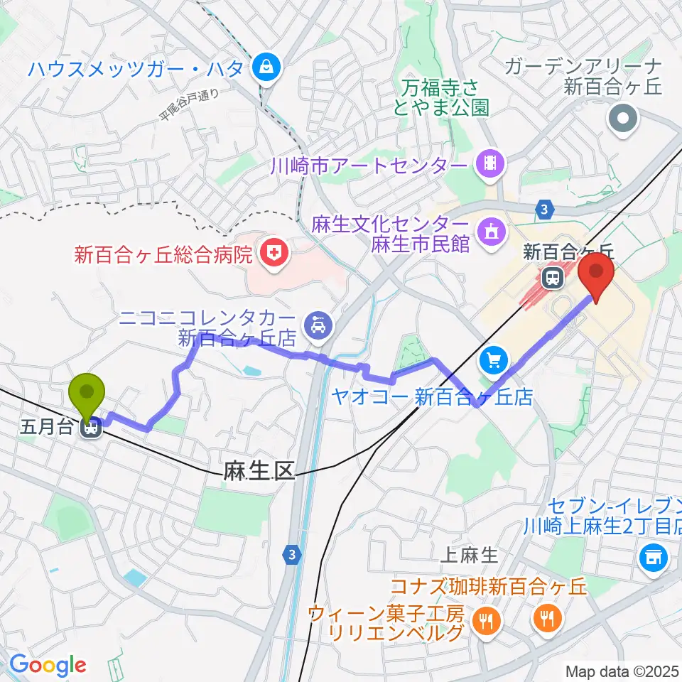 五月台駅から山野楽器 新百合ヶ丘エルミロード店へのルートマップ地図