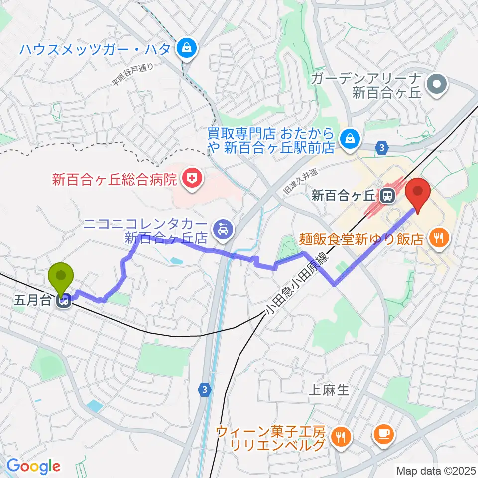 五月台駅から山野楽器 新百合ヶ丘エルミロード店へのルートマップ地図