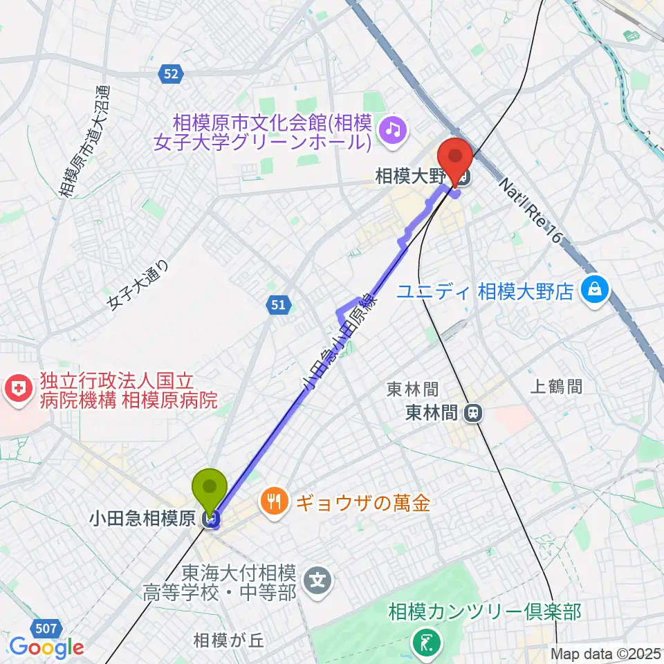 小田急相模原駅から山野楽器 相模大野ステーションスクエア店へのルートマップ地図