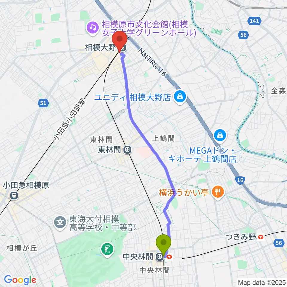 中央林間駅から山野楽器 相模大野ステーションスクエア店へのルートマップ地図
