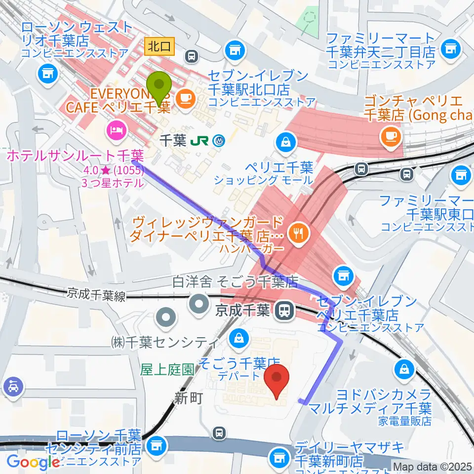 山野楽器 そごう千葉店の最寄駅千葉駅からの徒歩ルート（約5分）地図