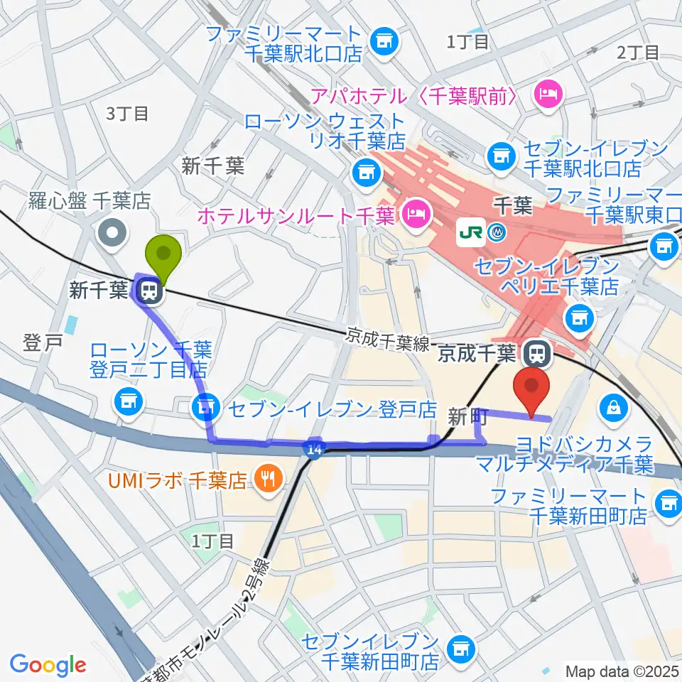 新千葉駅から山野楽器 そごう千葉店へのルートマップ地図