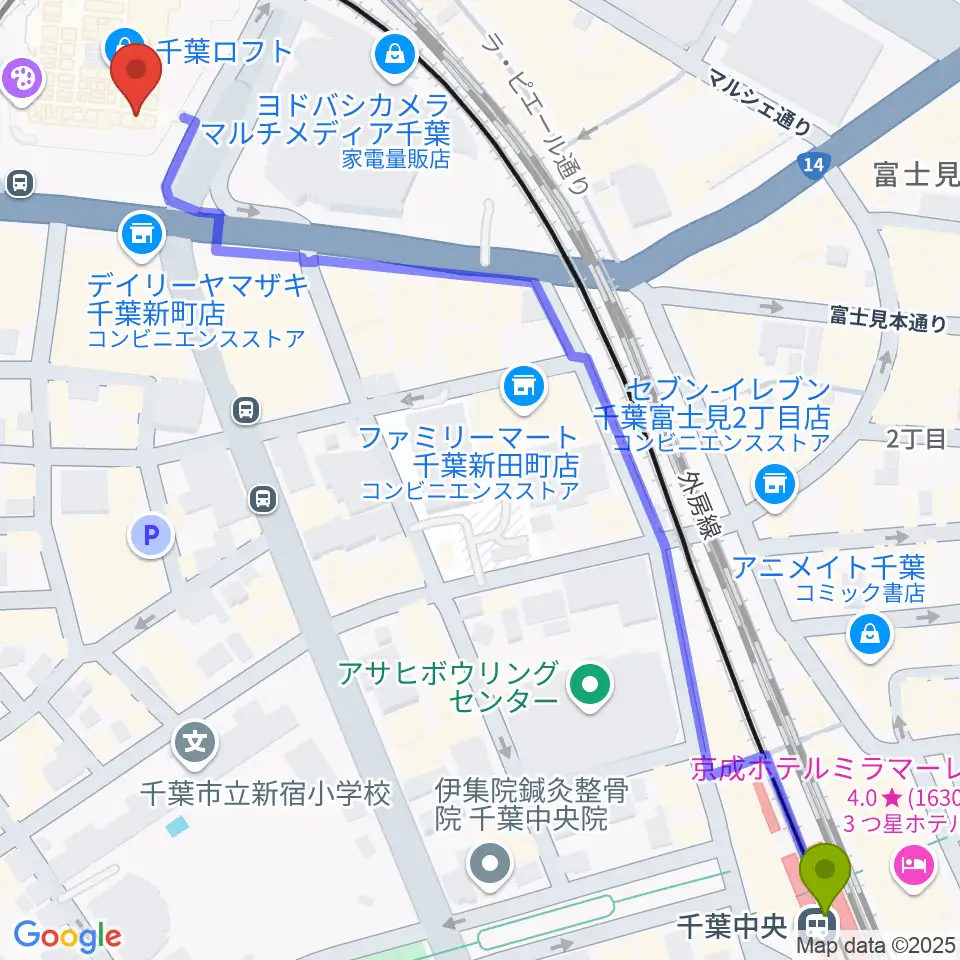 千葉中央駅から山野楽器 そごう千葉店へのルートマップ地図