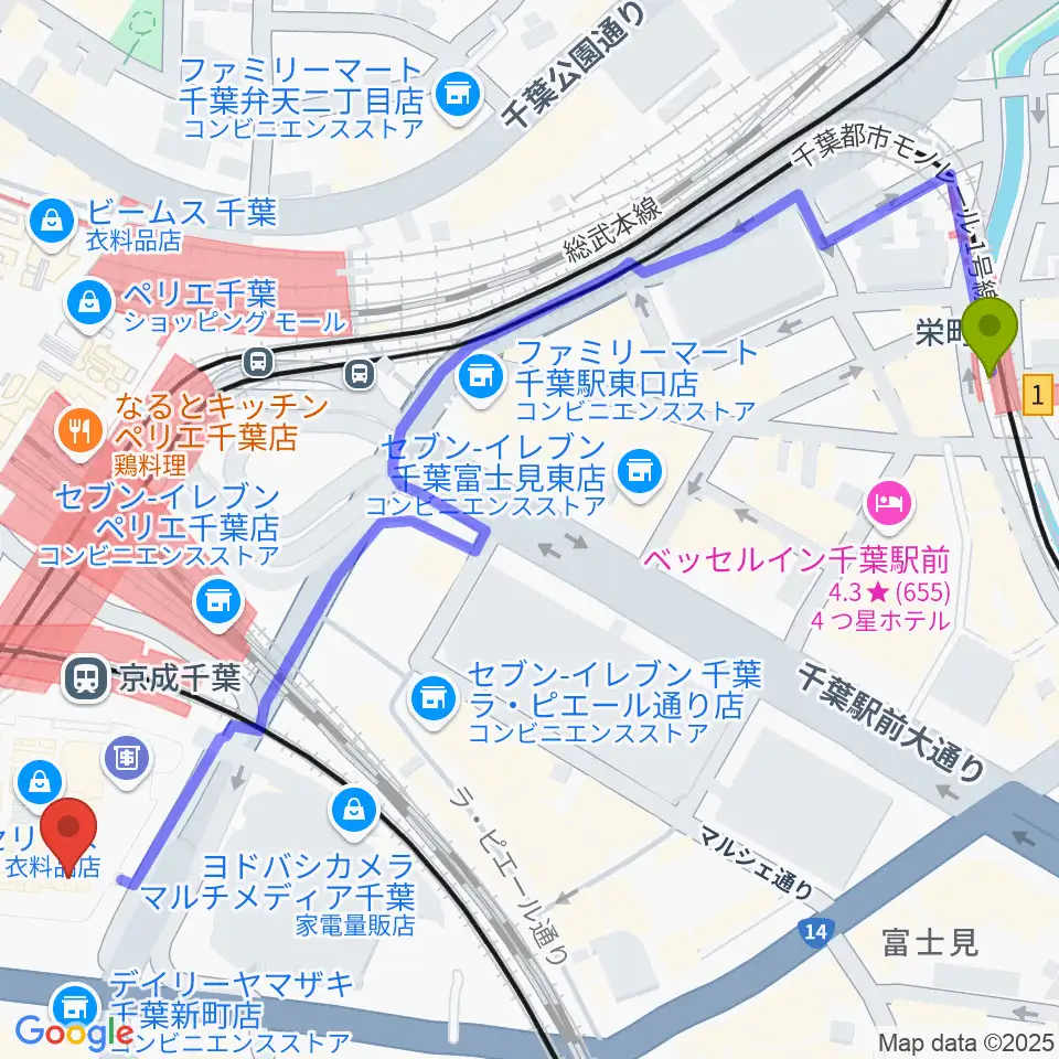栄町駅から山野楽器 そごう千葉店へのルートマップ地図