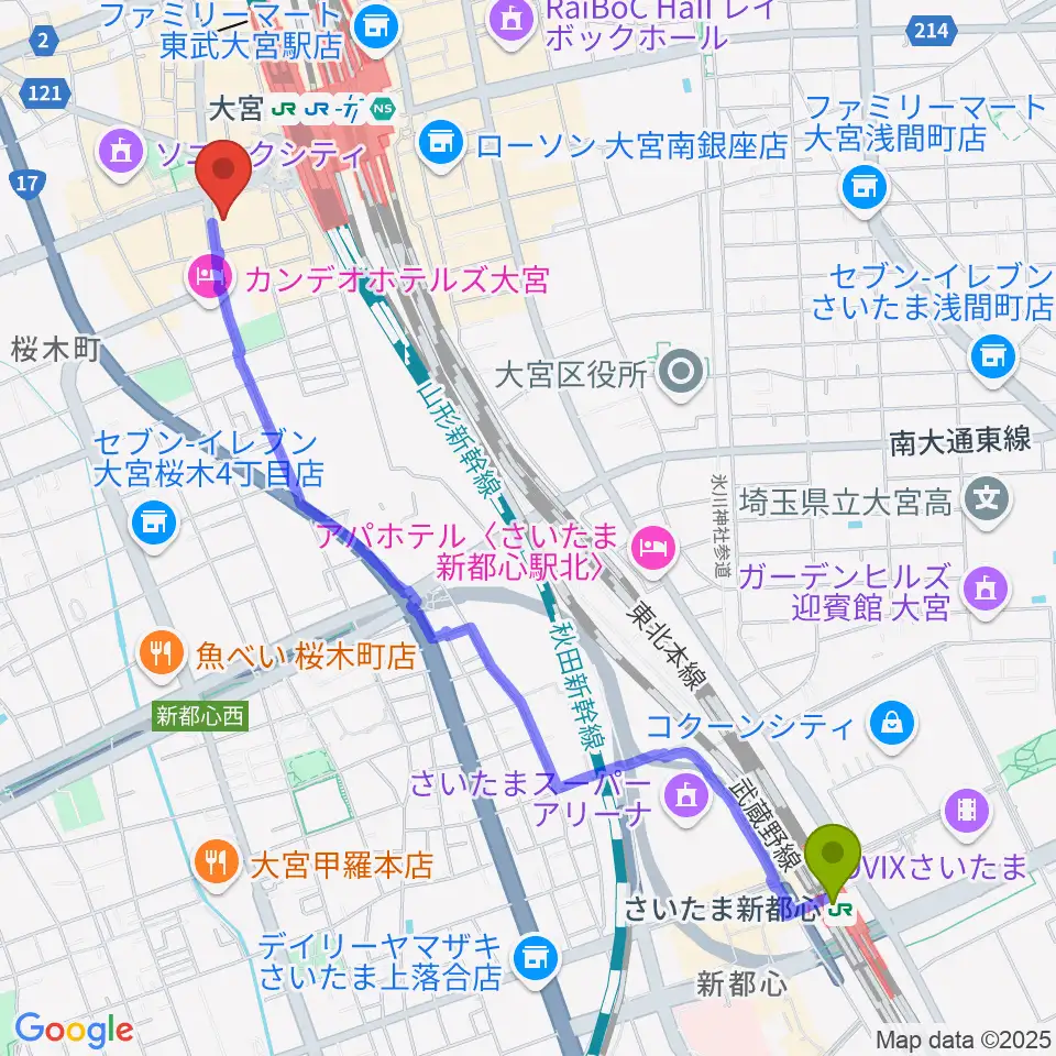 さいたま新都心駅から山野楽器 そごう大宮店へのルートマップ地図