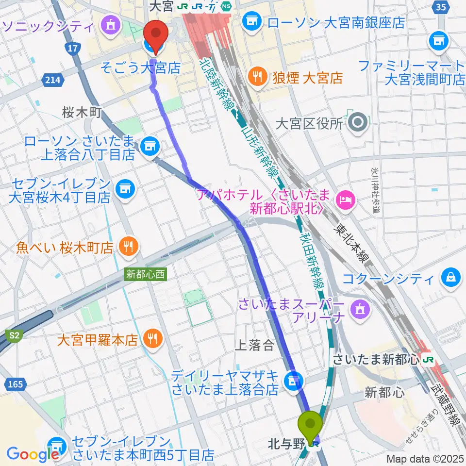 北与野駅から山野楽器 そごう大宮店へのルートマップ地図