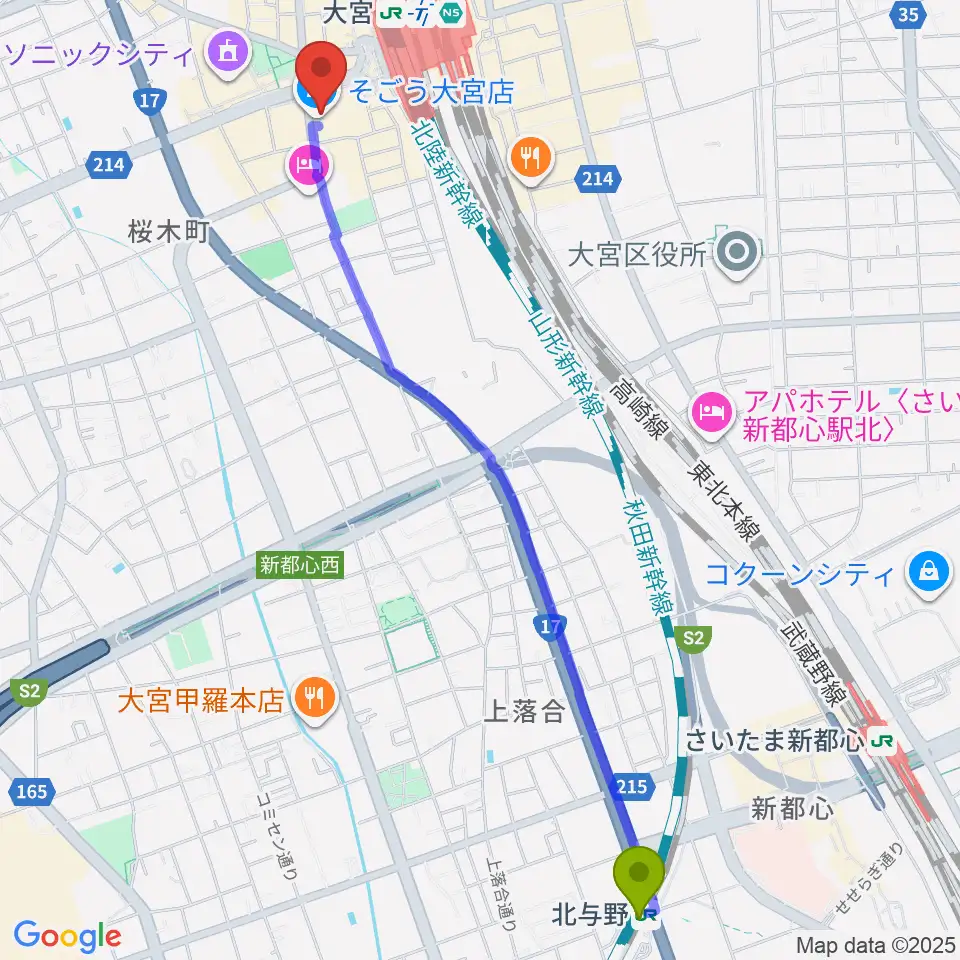 北与野駅から山野楽器 そごう大宮店へのルートマップ地図