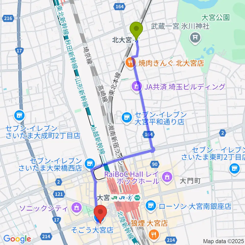 北大宮駅から山野楽器 そごう大宮店へのルートマップ地図