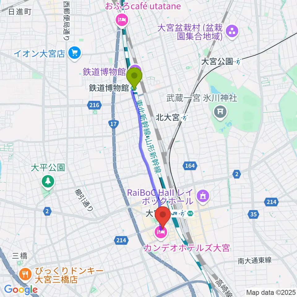 鉄道博物館駅から山野楽器 そごう大宮店へのルートマップ地図