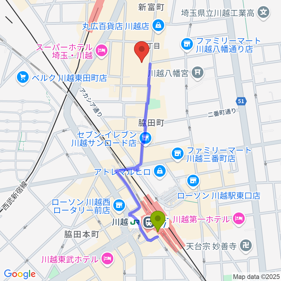 川越駅から山野楽器 丸広川越店へのルートマップ地図