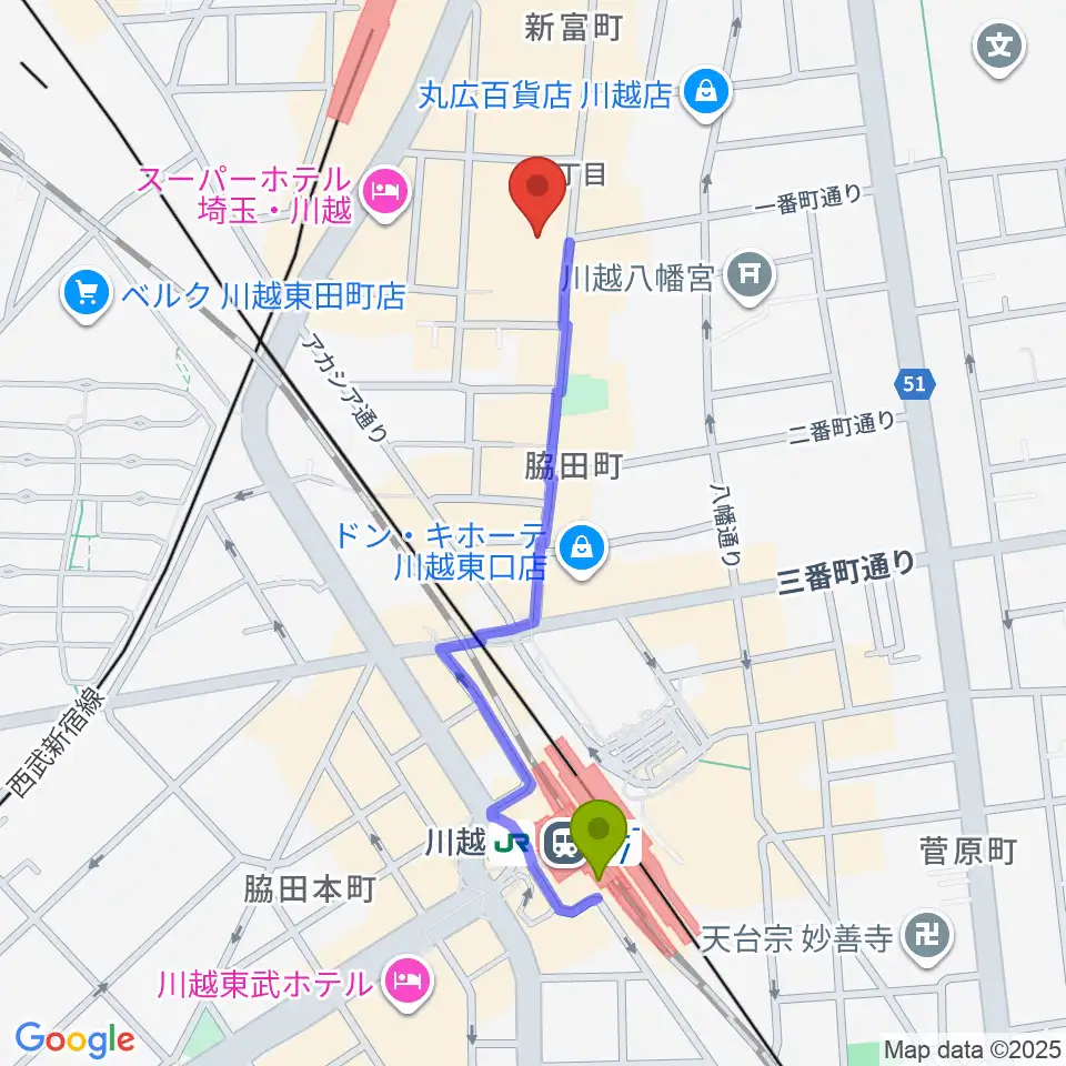 川越駅から山野楽器 丸広川越店へのルートマップ地図