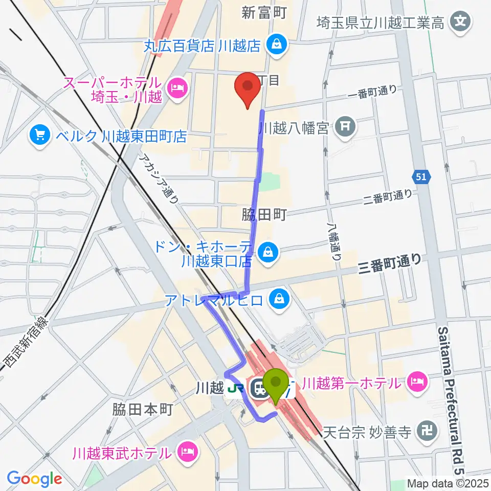 川越駅から山野楽器 丸広川越店へのルートマップ地図