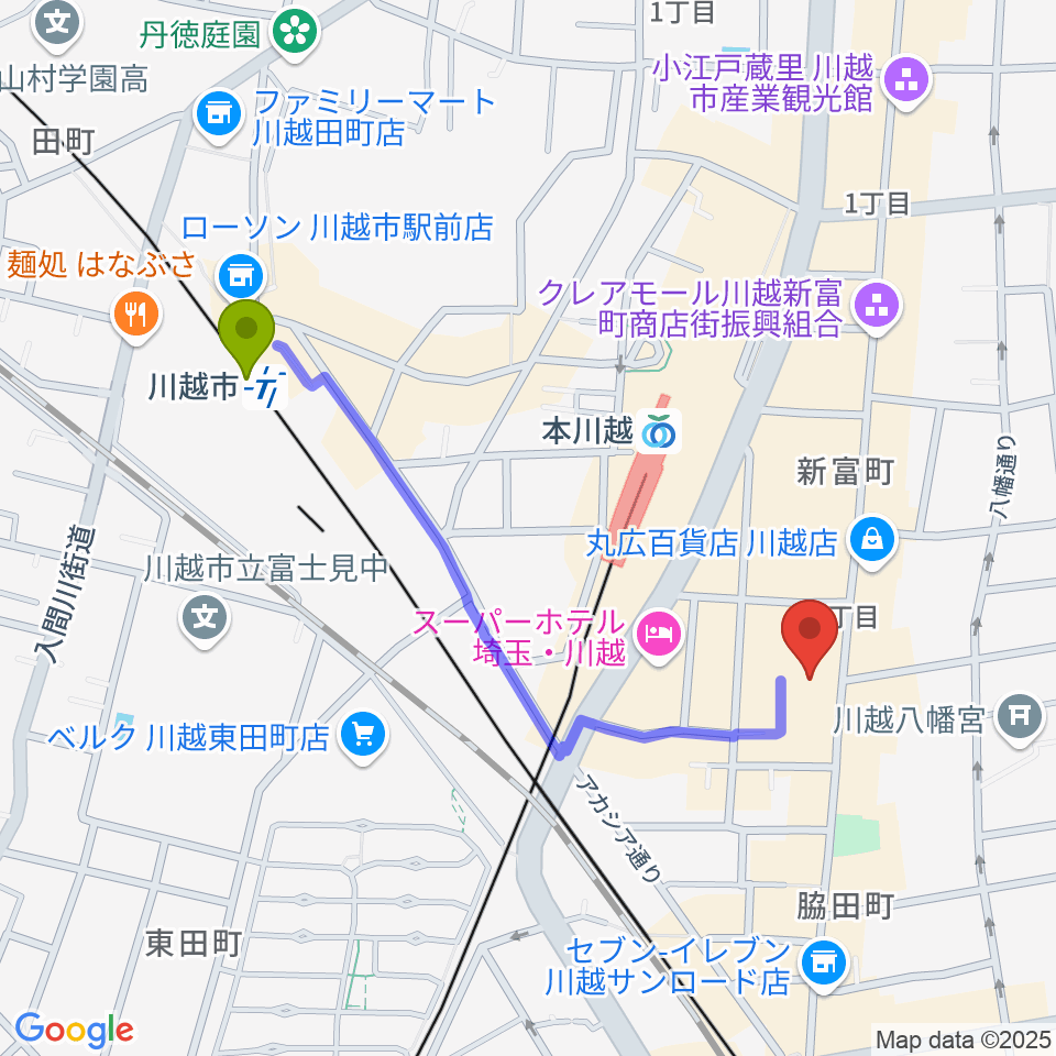 川越市駅から山野楽器 丸広川越店へのルートマップ地図