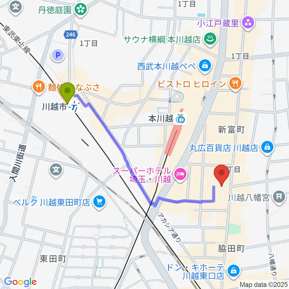 川越市駅から山野楽器 丸広川越店へのルートマップ地図