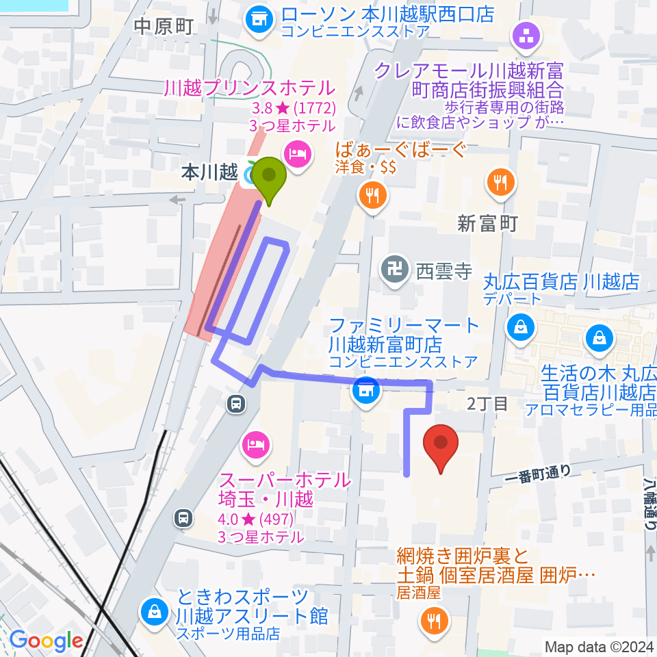 山野楽器 丸広川越店の最寄駅本川越駅からの徒歩ルート（約4分）地図