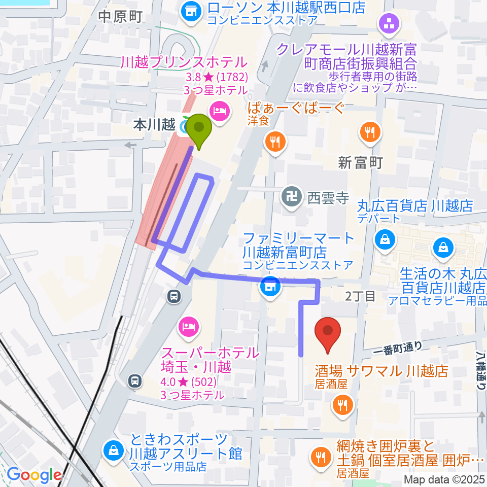 山野楽器 丸広川越店の最寄駅本川越駅からの徒歩ルート（約4分）地図