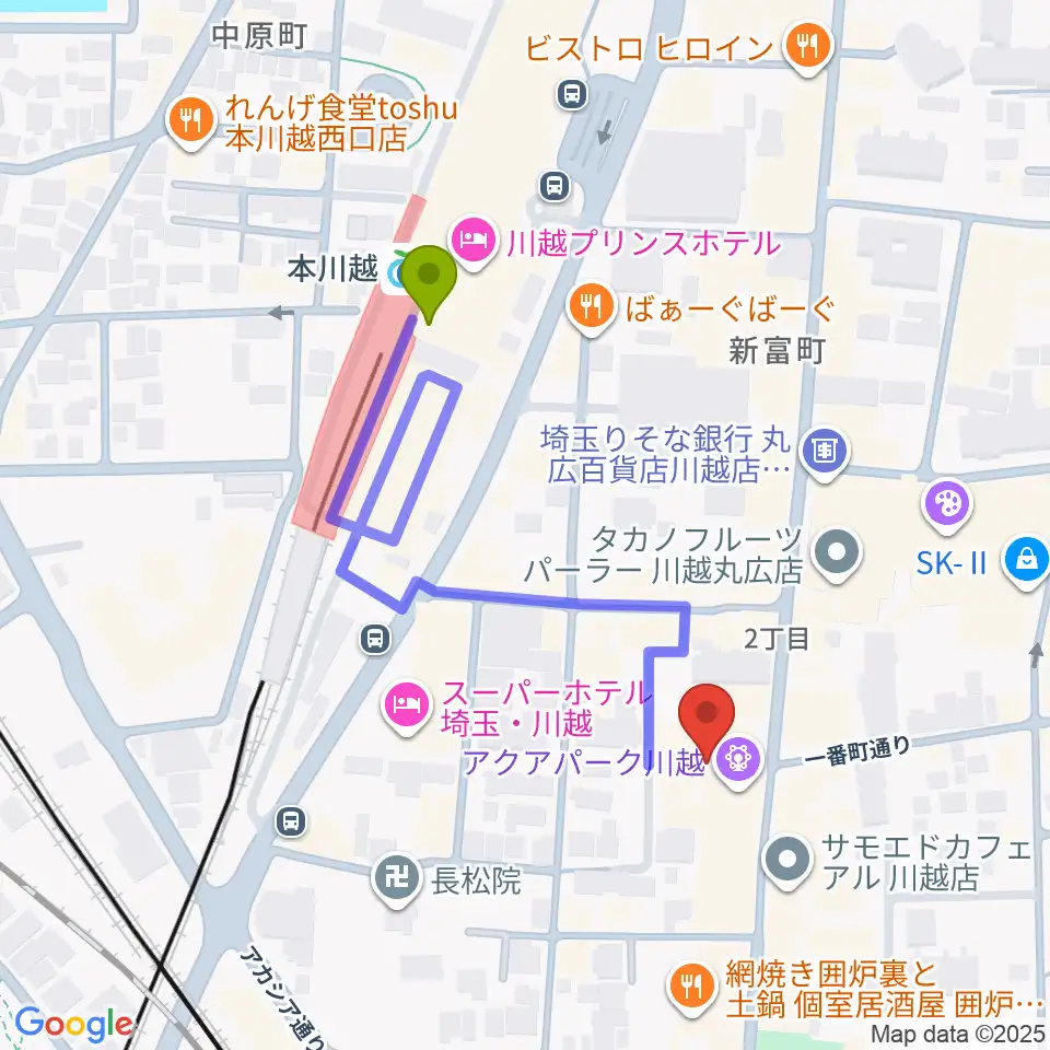 山野楽器 丸広川越店の最寄駅本川越駅からの徒歩ルート（約4分）地図
