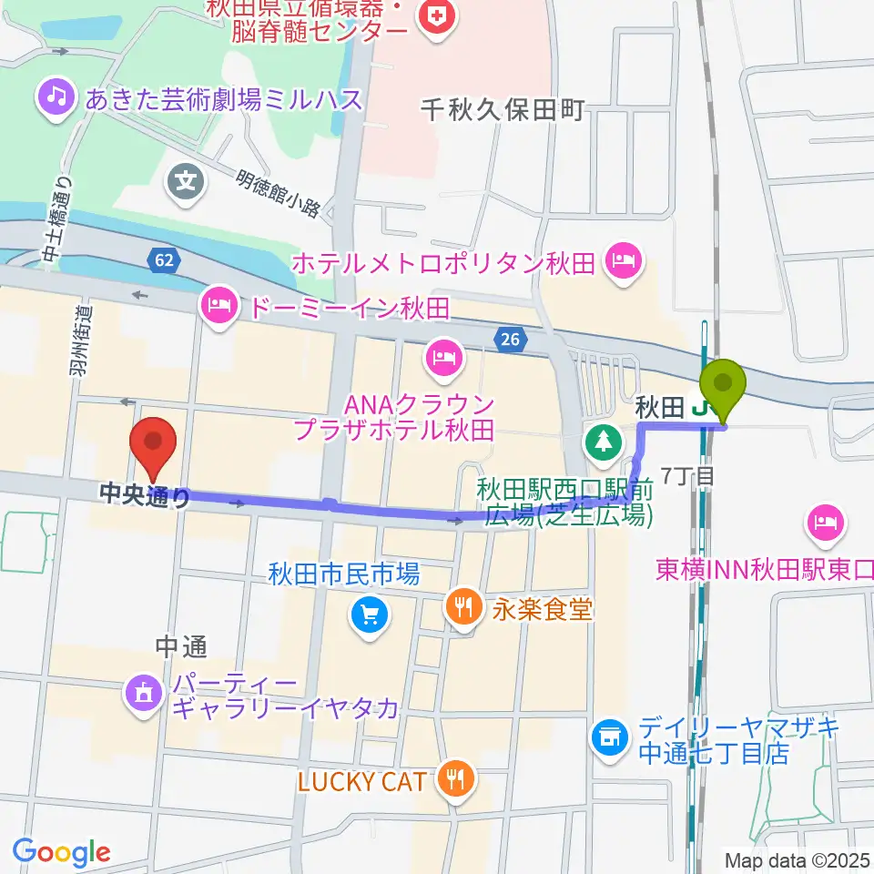 カワイ秋田ショップの最寄駅秋田駅からの徒歩ルート（約10分）地図