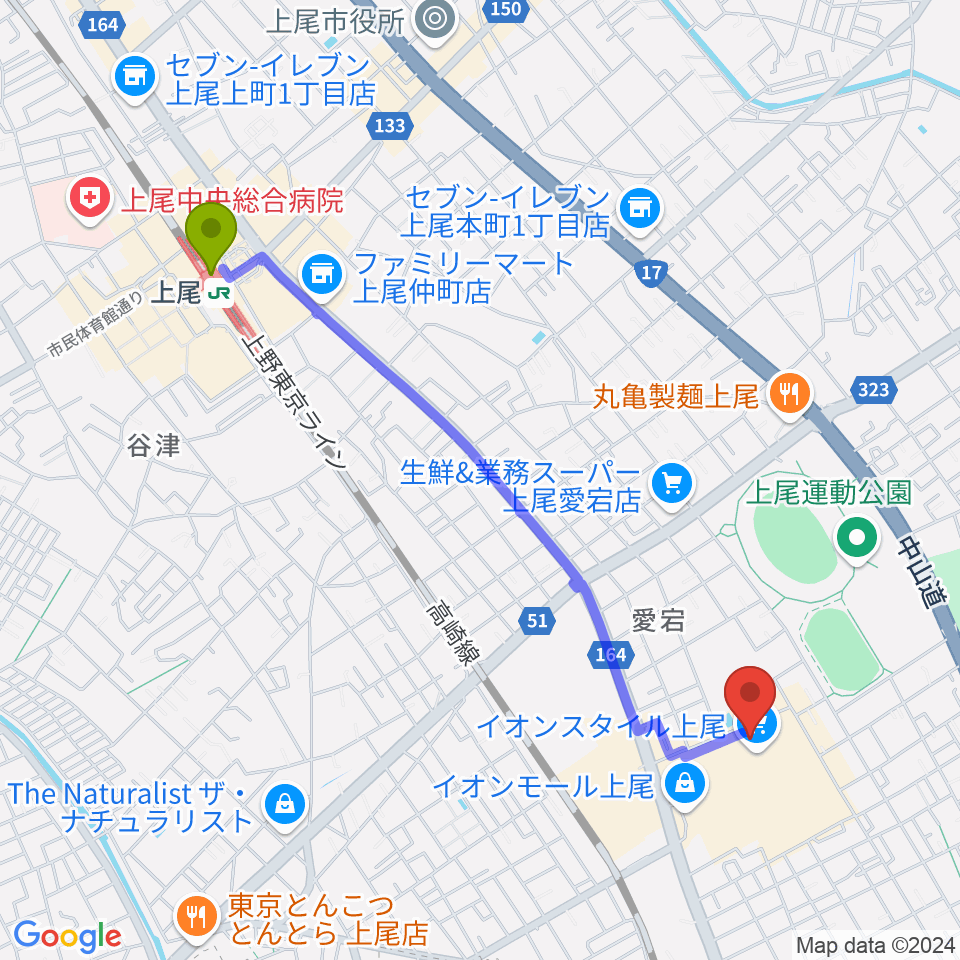 山野楽器イオンモール上尾店の最寄駅上尾駅からの徒歩ルート（約23分）地図