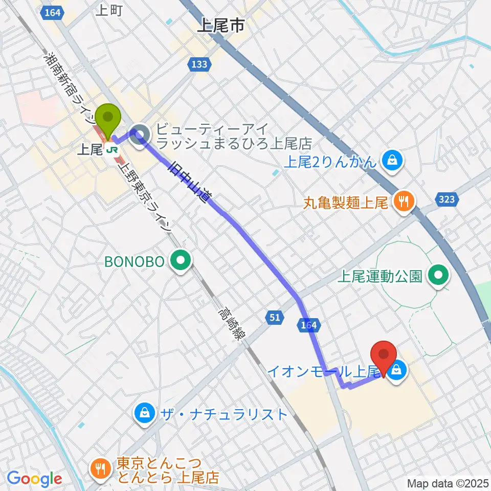 山野楽器イオンモール上尾店の最寄駅上尾駅からの徒歩ルート（約23分）地図