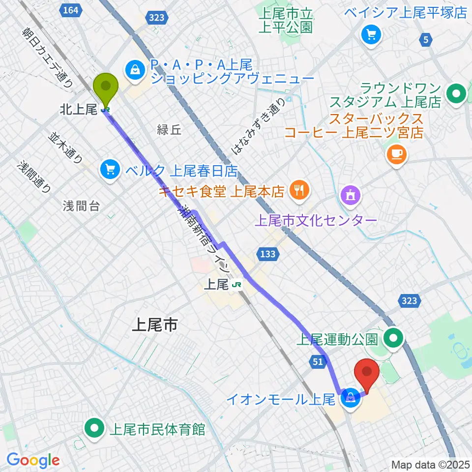 北上尾駅から山野楽器イオンモール上尾店へのルートマップ地図