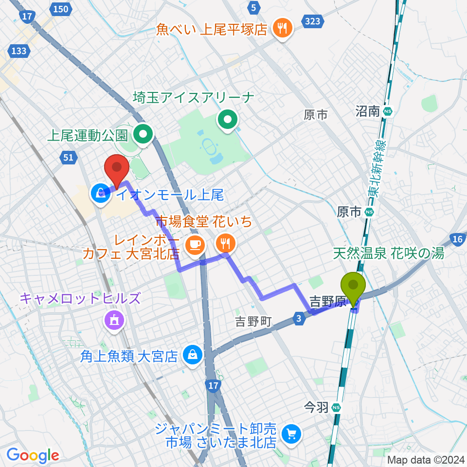 吉野原駅から山野楽器イオンモール上尾店へのルートマップ地図