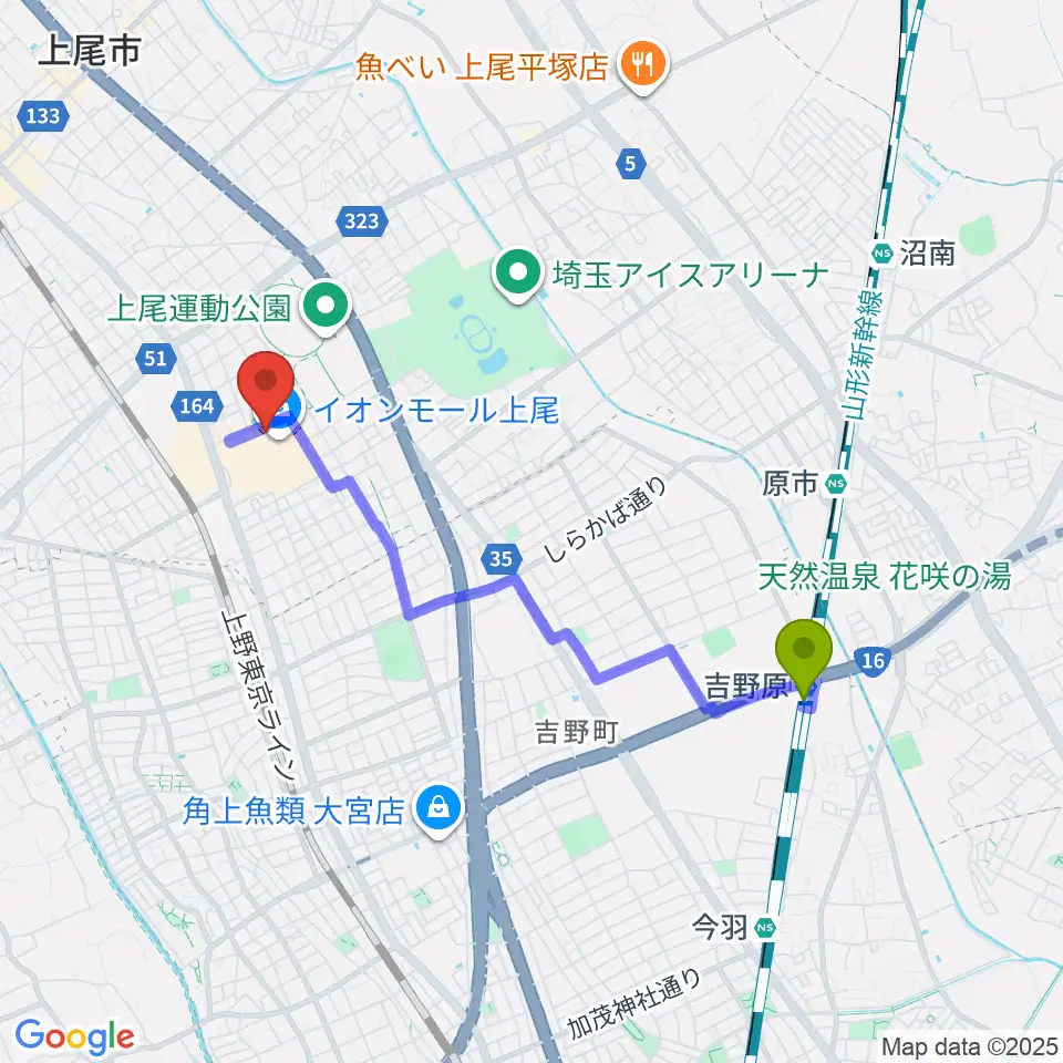 吉野原駅から山野楽器イオンモール上尾店へのルートマップ地図