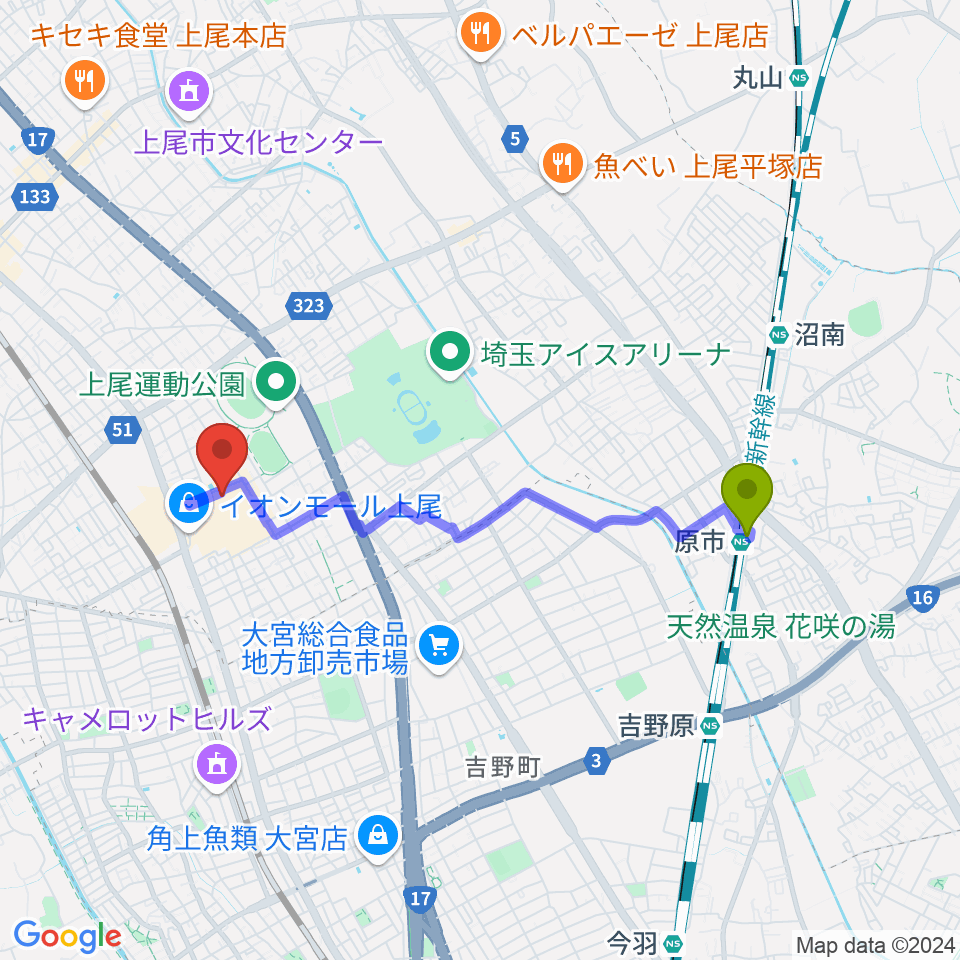 原市駅から山野楽器イオンモール上尾店へのルートマップ地図