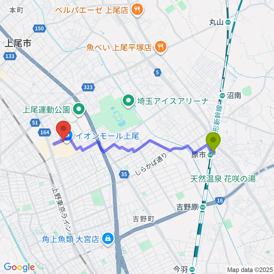 原市駅から山野楽器イオンモール上尾店へのルートマップ地図
