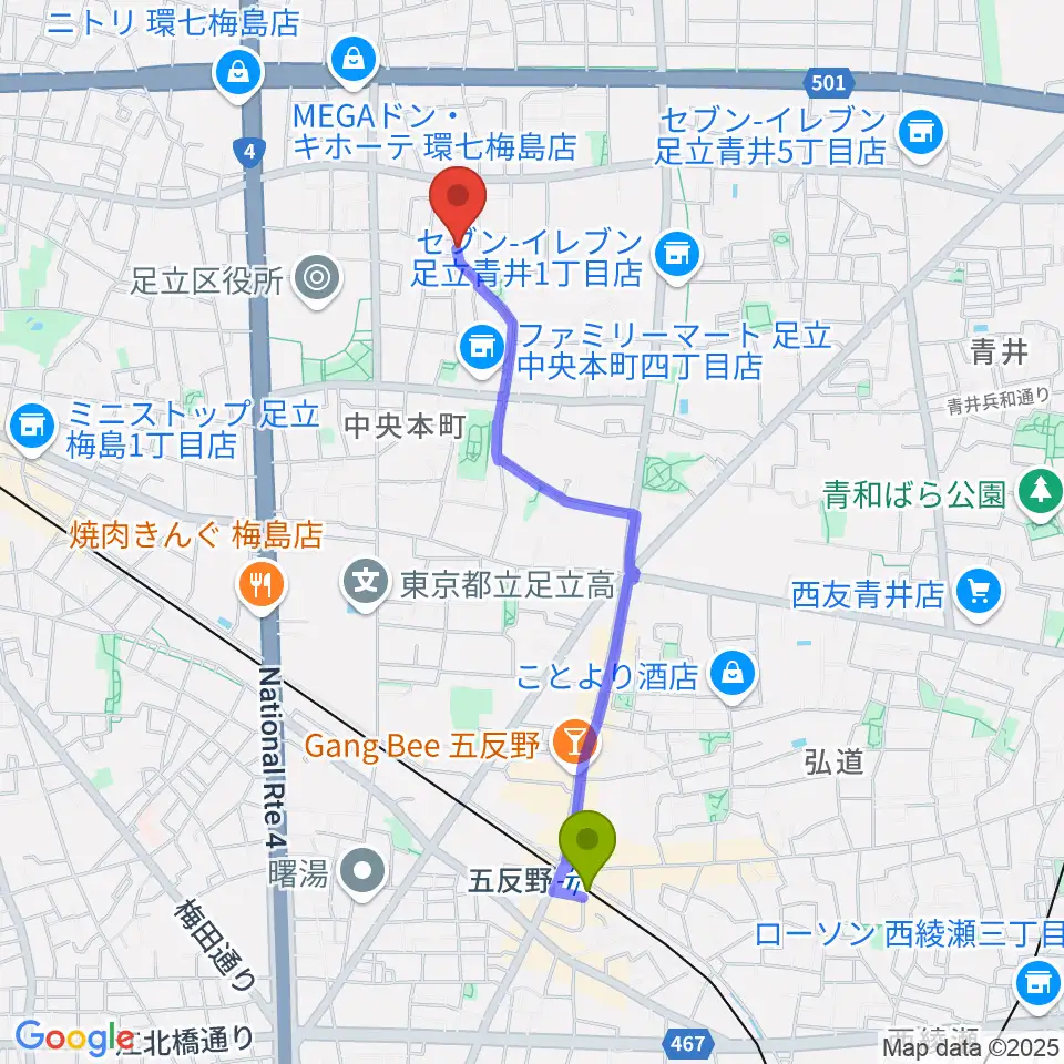 五反野駅からわたなべ音楽堂ベルネザールへのルートマップ地図