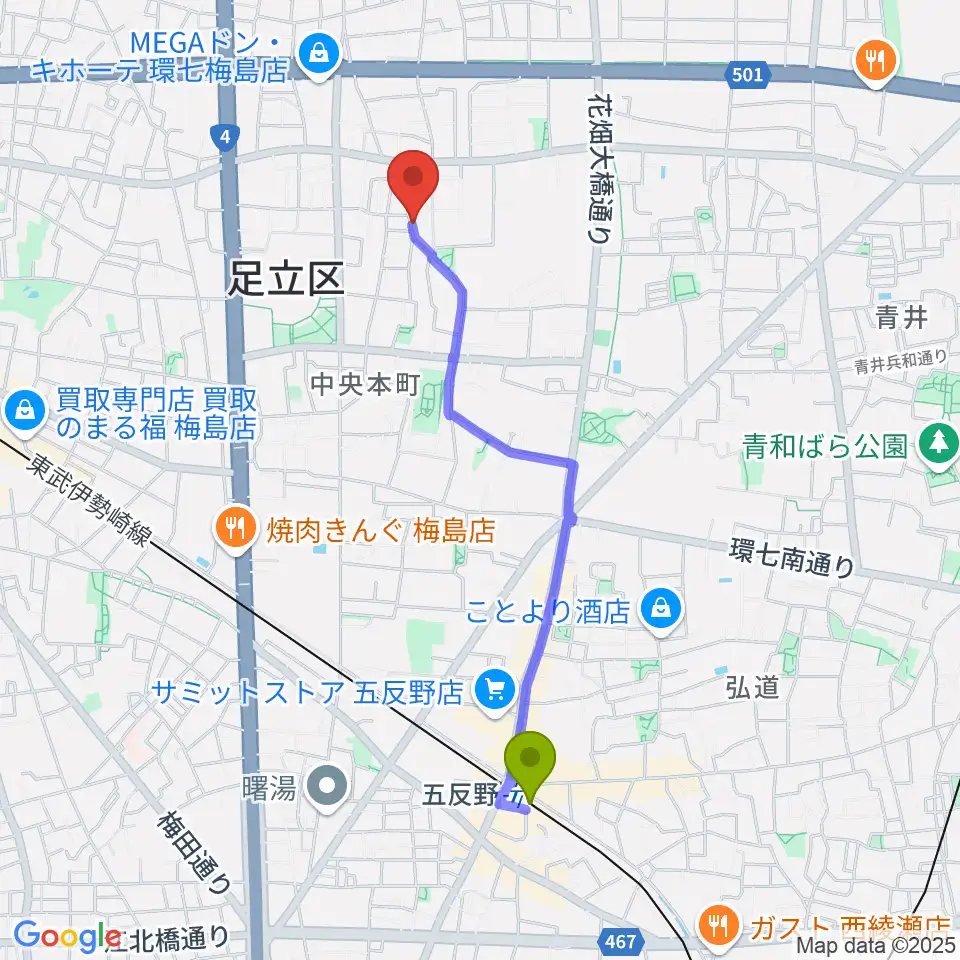 五反野駅からわたなべ音楽堂ベルネザールへのルートマップ地図
