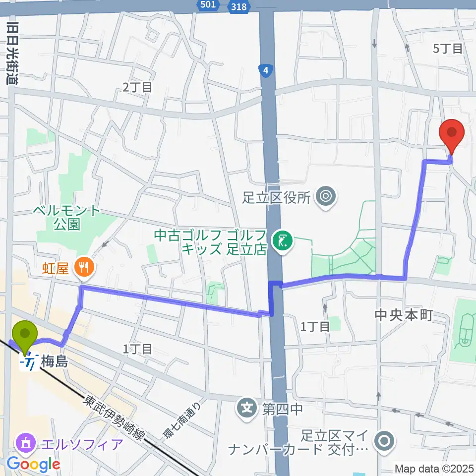わたなべ音楽堂ベルネザールの最寄駅梅島駅からの徒歩ルート（約15分）地図