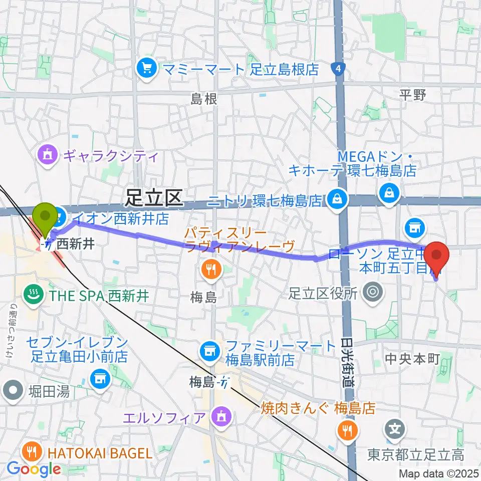 西新井駅からわたなべ音楽堂ベルネザールへのルートマップ地図