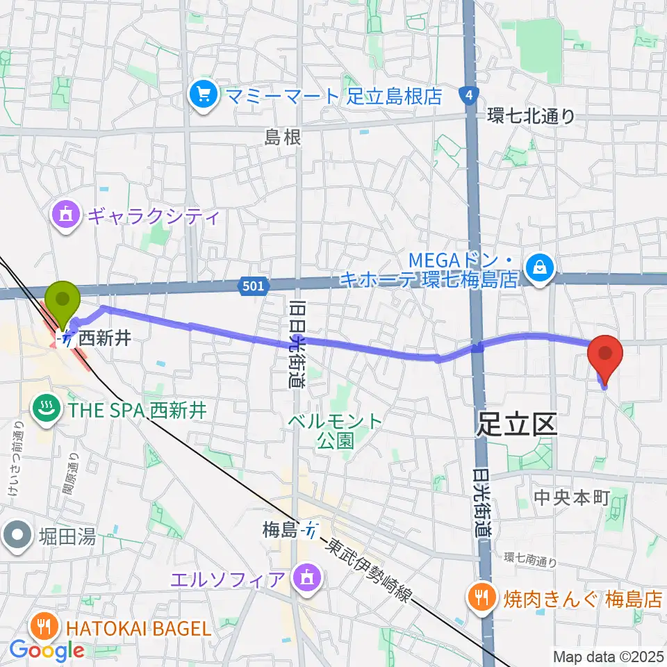 西新井駅からわたなべ音楽堂ベルネザールへのルートマップ地図