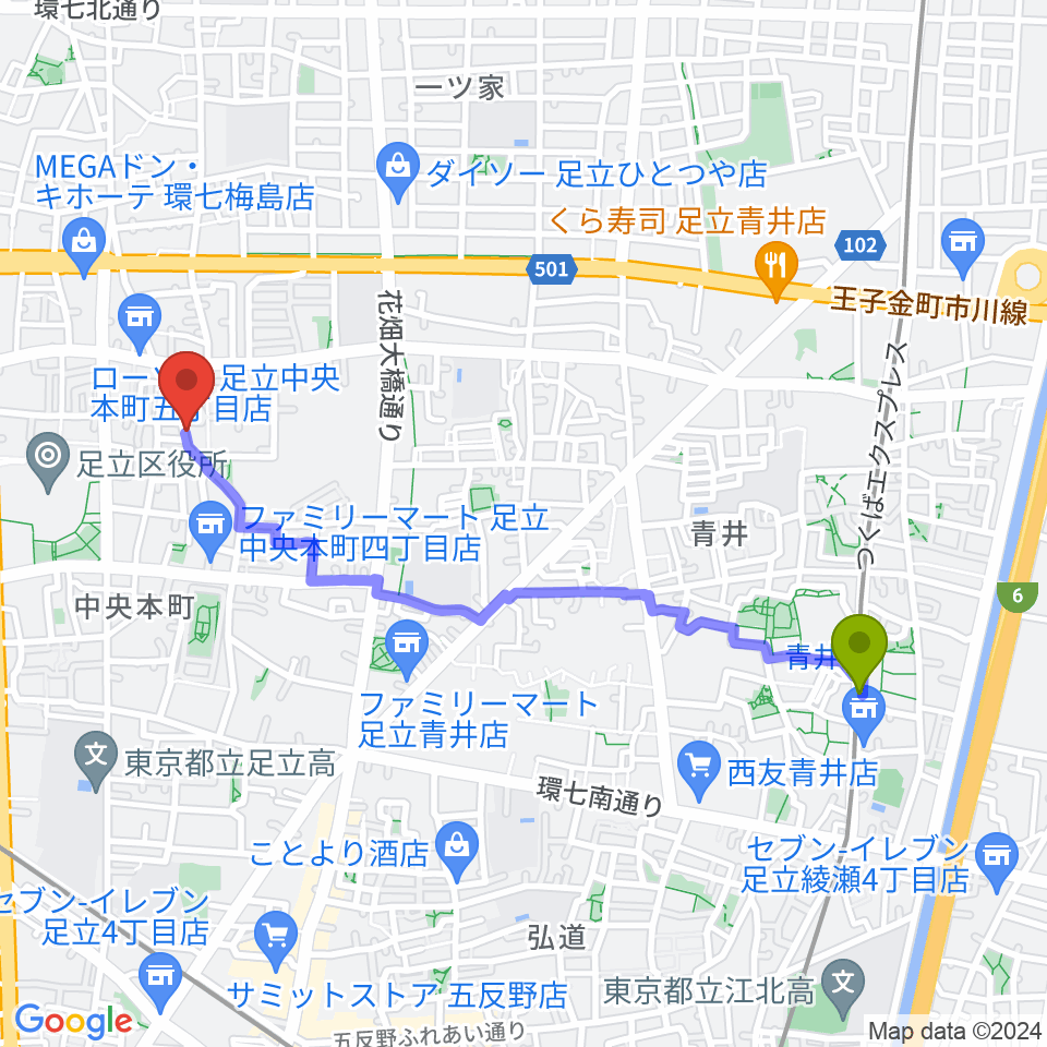 青井駅からわたなべ音楽堂ベルネザールへのルートマップ地図