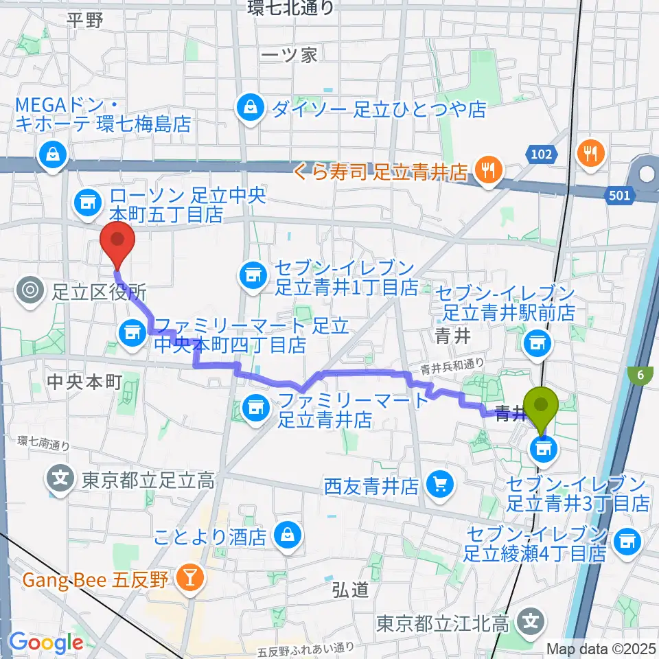 青井駅からわたなべ音楽堂ベルネザールへのルートマップ地図