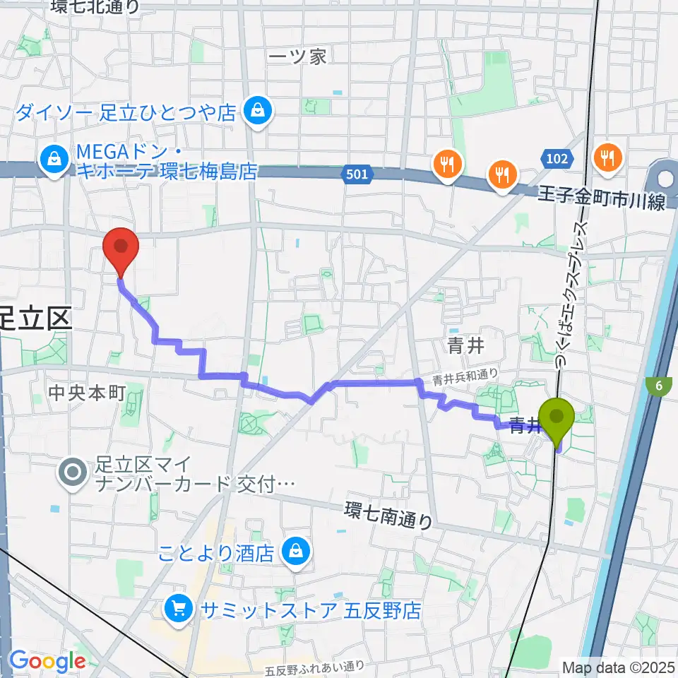 青井駅からわたなべ音楽堂ベルネザールへのルートマップ地図